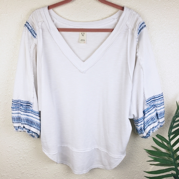 Free People Bohemian Sundae Swing Embroidered Waffle Peasant Blouse Top size L - Picture 2 of 11